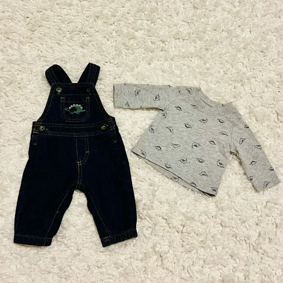 Baby Boys' 2 Piece Dinosaur Overall Set Grey - Picture 2 of 5